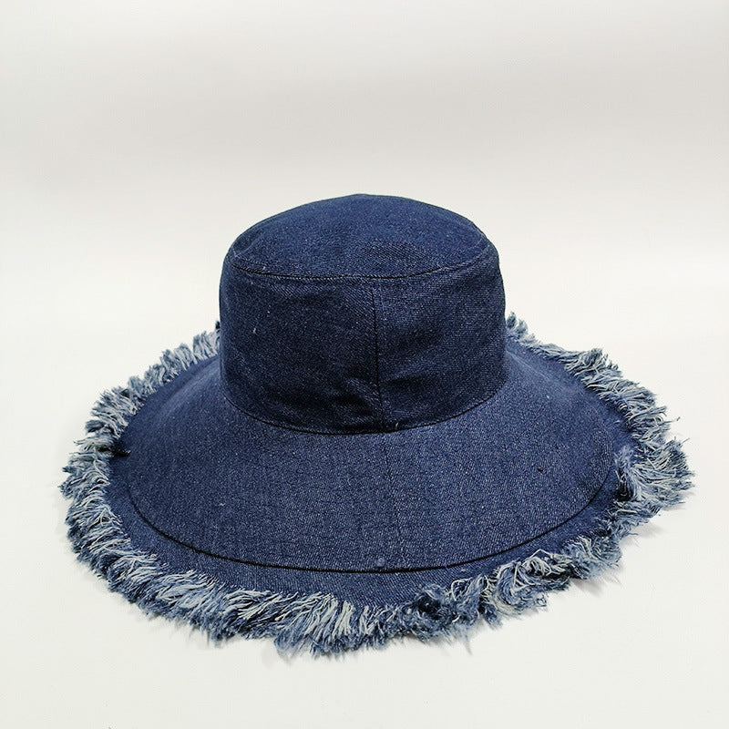 Women's Spring And Summer Retro Big Brim Solid Color Denim Hat SAM70