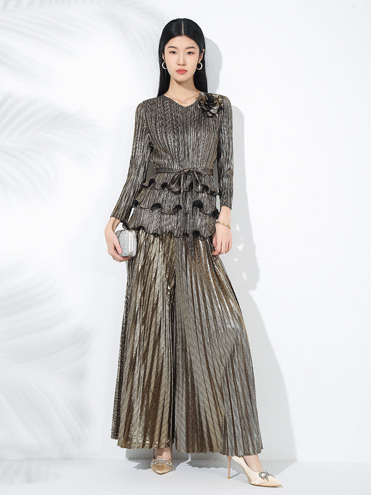 Pleated fashion hot stamping suit for women, new spring style, floral pattern, dense edge, pullover top, SAM201