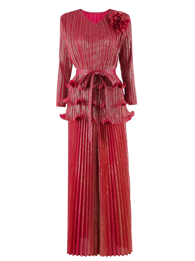 Pleated fashion hot stamping suit for women, new spring style, floral pattern, dense edge, pullover top, SAM201