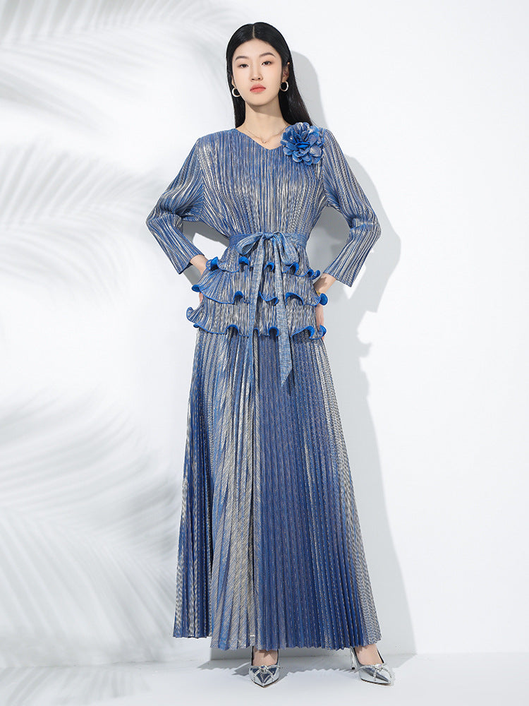 Pleated fashion hot stamping suit for women, new spring style, floral pattern, dense edge, pullover top, SAM201