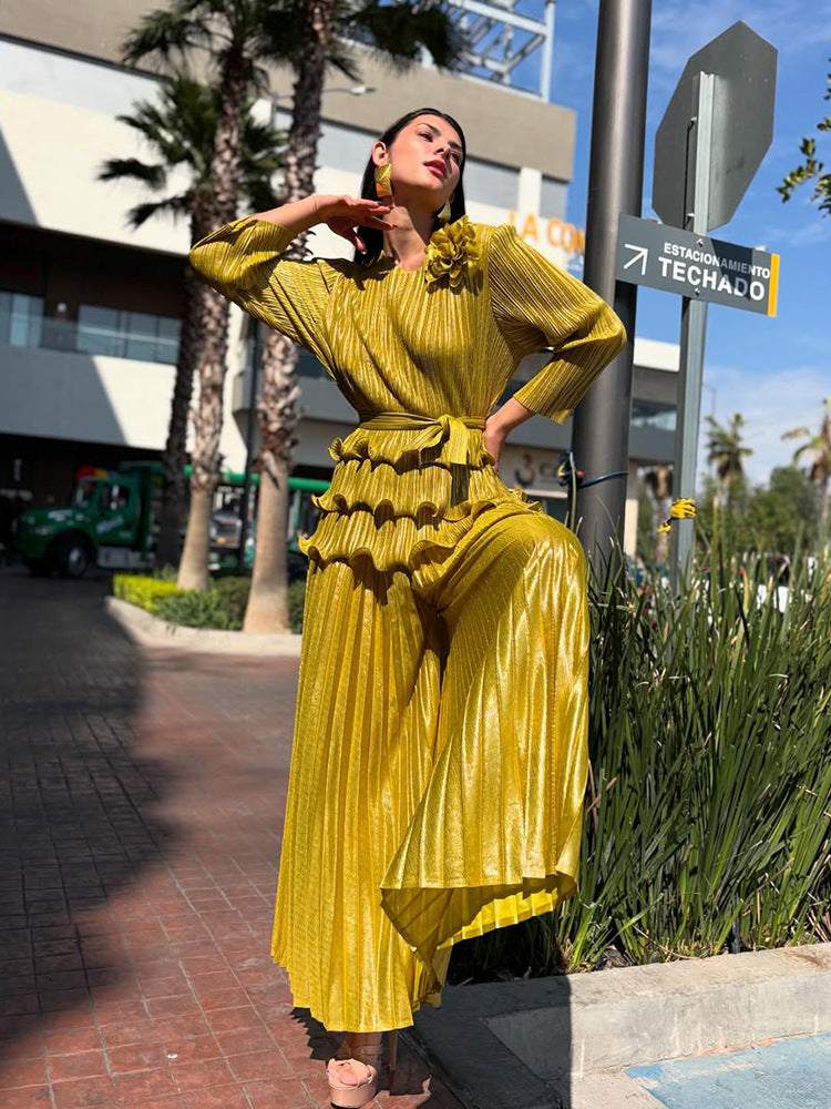 Pleated fashion hot stamping suit for women, new spring style, floral pattern, dense edge, pullover top, SAM201