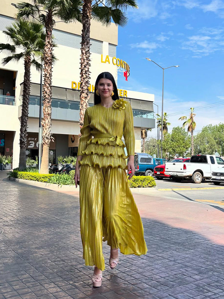 Pleated fashion hot stamping suit for women, new spring style, floral pattern, dense edge, pullover top, SAM201