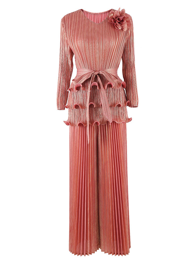 Pleated fashion hot stamping suit for women, new spring style, floral pattern, dense edge, pullover top, SAM201