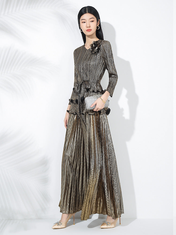 Pleated fashion hot stamping suit for women, new spring style, floral pattern, dense edge, pullover top, SAM201