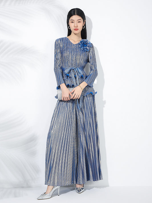 Pleated fashion hot stamping suit for women, new spring style, floral pattern, dense edge, pullover top, SAM201