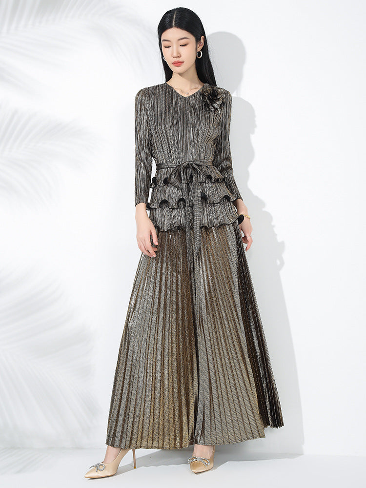 Pleated fashion hot stamping suit for women, new spring style, floral pattern, dense edge, pullover top, SAM201