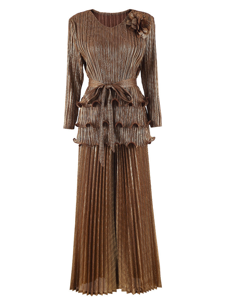 Pleated fashion hot stamping suit for women, new spring style, floral pattern, dense edge, pullover top, SAM201