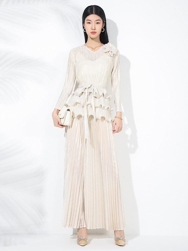 Pleated fashion hot stamping suit for women, new spring style, floral pattern, dense edge, pullover top, SAM201