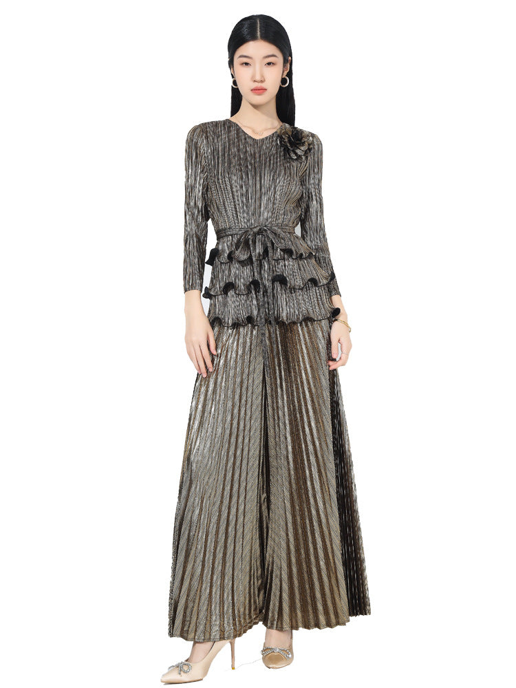 Pleated fashion hot stamping suit for women, new spring style, floral pattern, dense edge, pullover top, SAM201