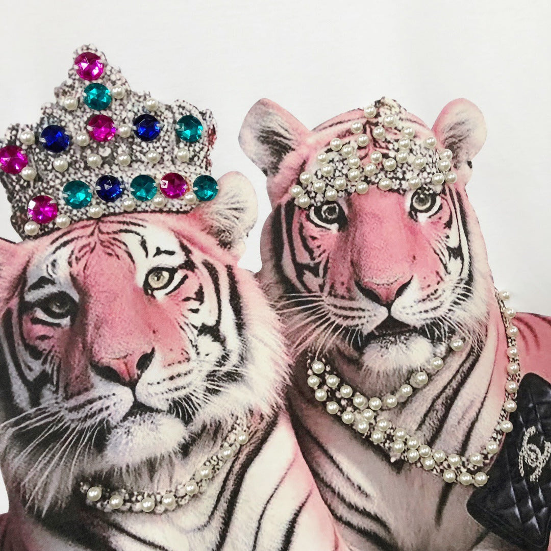 SFH brand retro heavy beaded pink tiger 3D printed tshirt SAM601