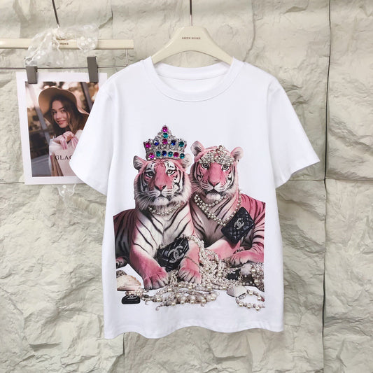 SFH brand retro heavy beaded pink tiger 3D printed tshirt SAM601