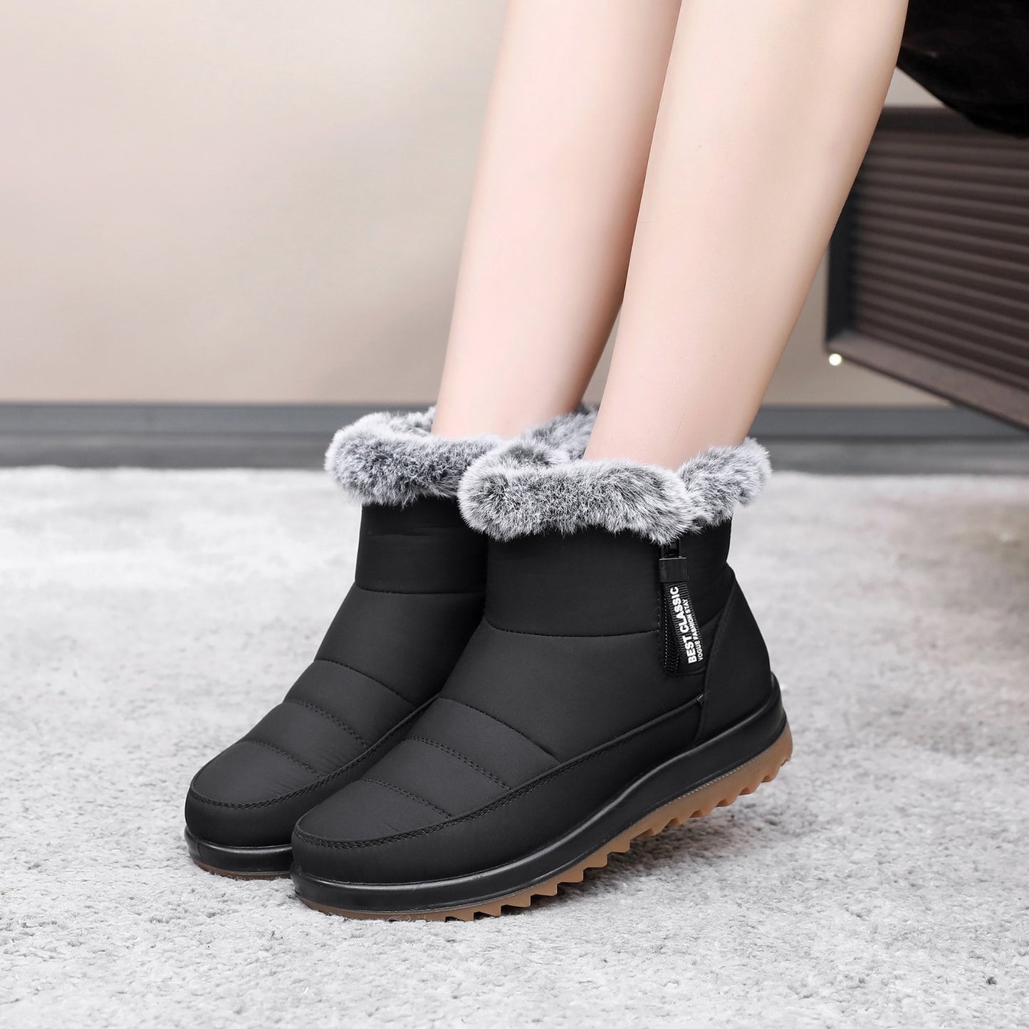Winter Snow Boot With Side Zipper Fashion Warm Plush Ankle Boots Women's Fleece Short Shoes SAM97
