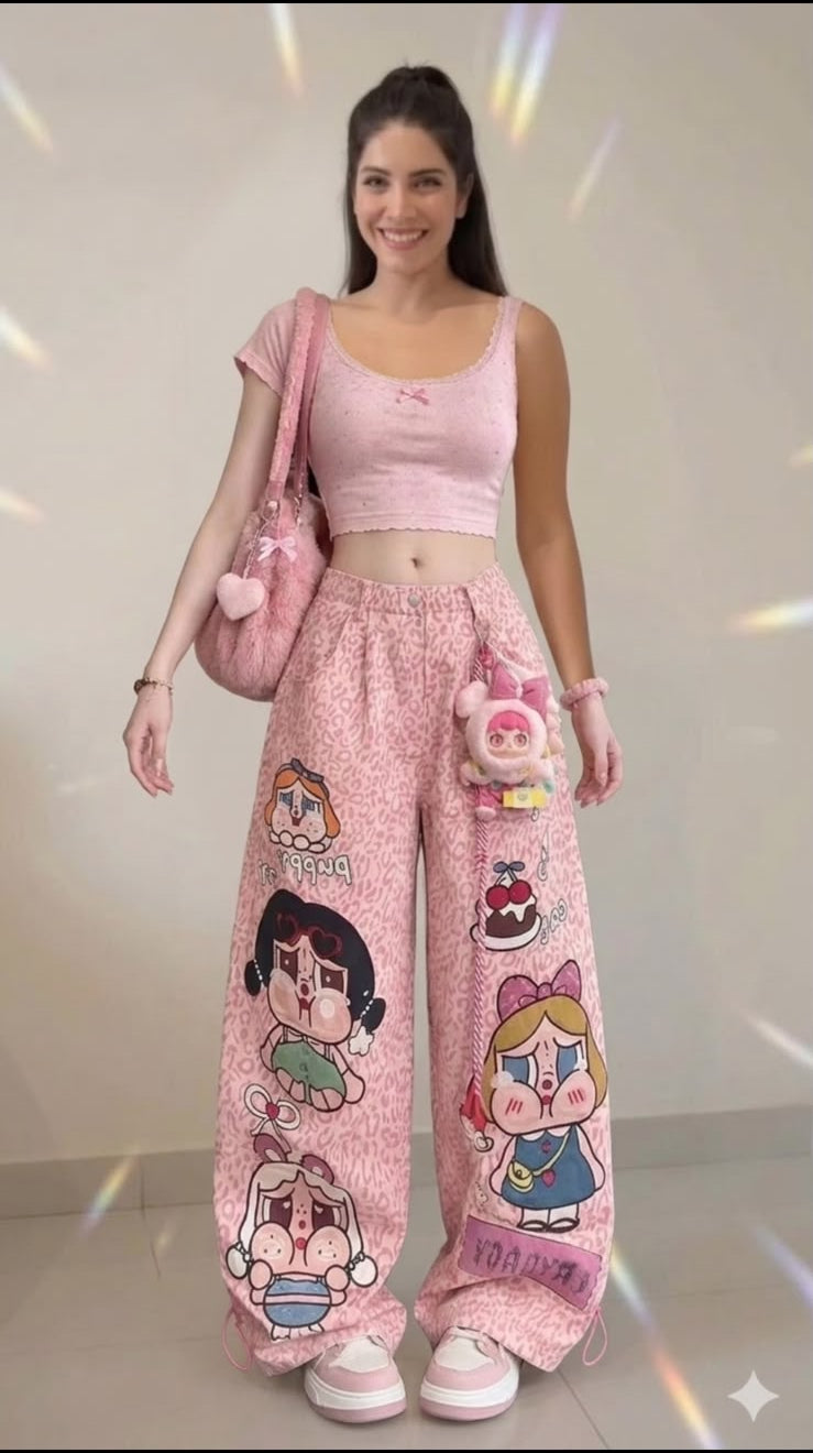 Pink Leopard Print Cartoon Graphic Wide-Leg Jeans for Women