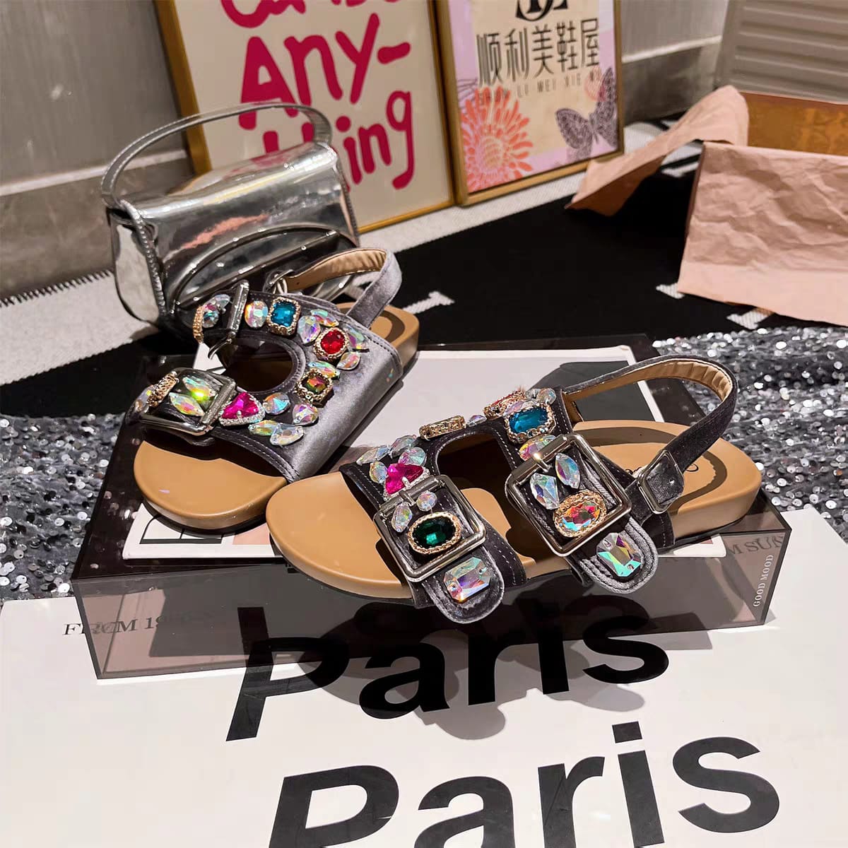 Luxury Crystal Embellished Flat Sandals for Women