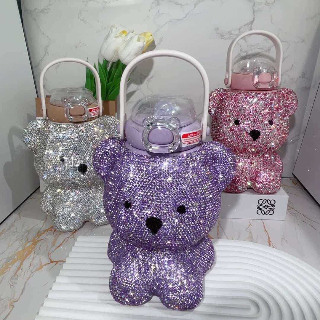 Luxury Rhinestone Teddy Bear Water Bottle with Handle | Glitter Bear Sipper Bottle sam1201