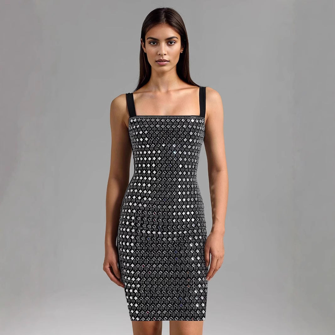 Rhinestone Mesh Sling Short Dress SAM100