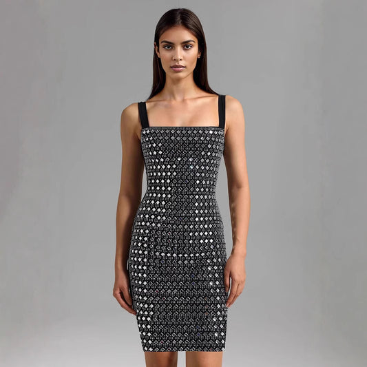 Rhinestone Mesh Sling Short Dress SAM100