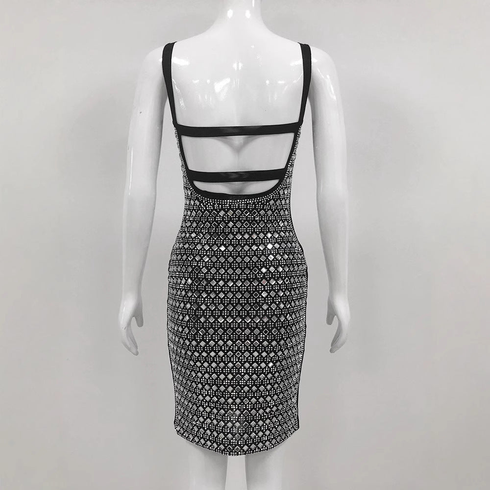 Rhinestone Mesh Sling Short Dress SAM100