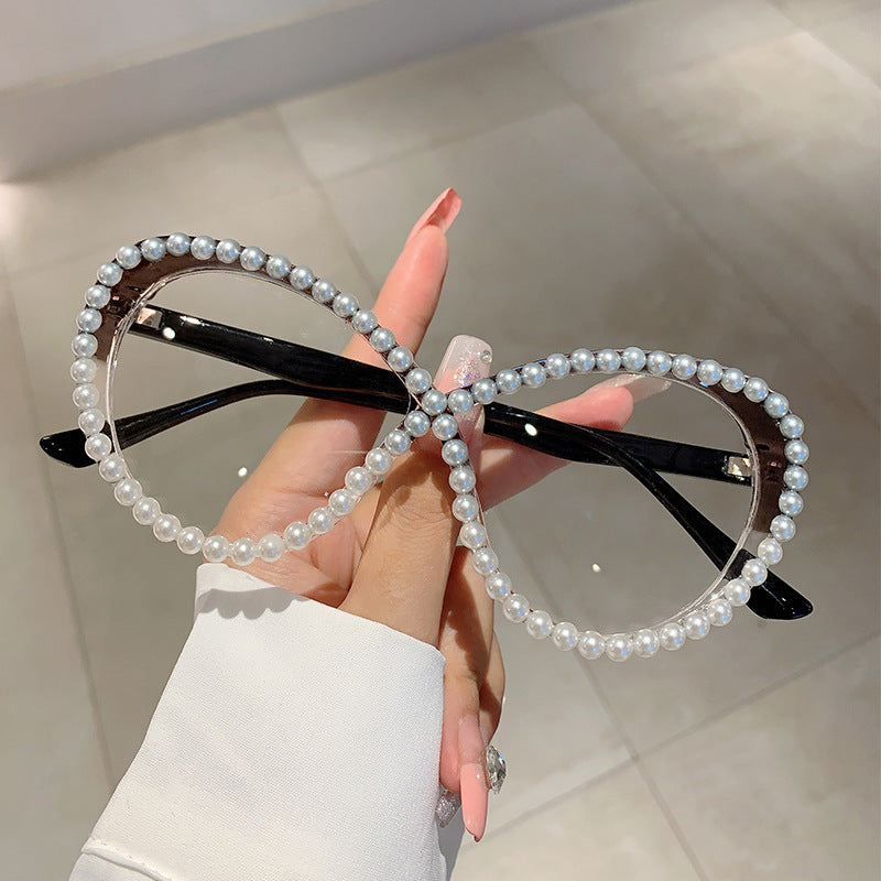 sunglasses goggles shades Style Ins Cat's Eye With Pearl Anti-blue Light Glasses