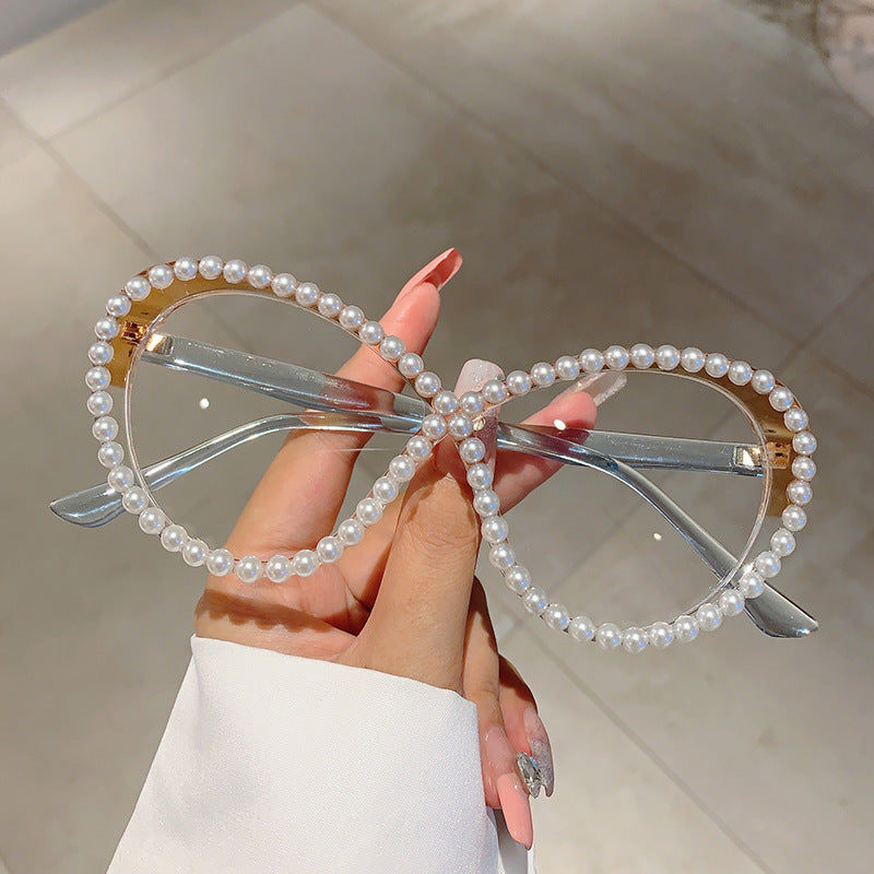 sunglasses goggles shades Style Ins Cat's Eye With Pearl Anti-blue Light Glasses