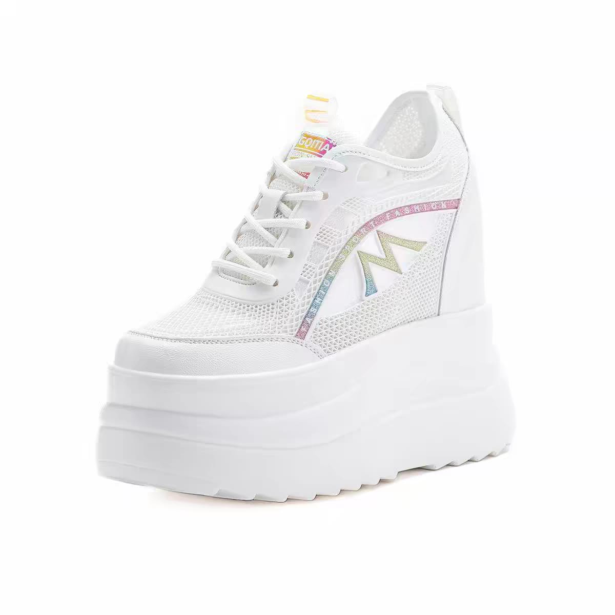 13 CM Height Increasing Platform Sneakers for Women – White Wedge Heel Shoes