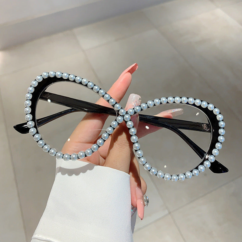 sunglasses goggles shades Style Ins Cat's Eye With Pearl Anti-blue Light Glasses
