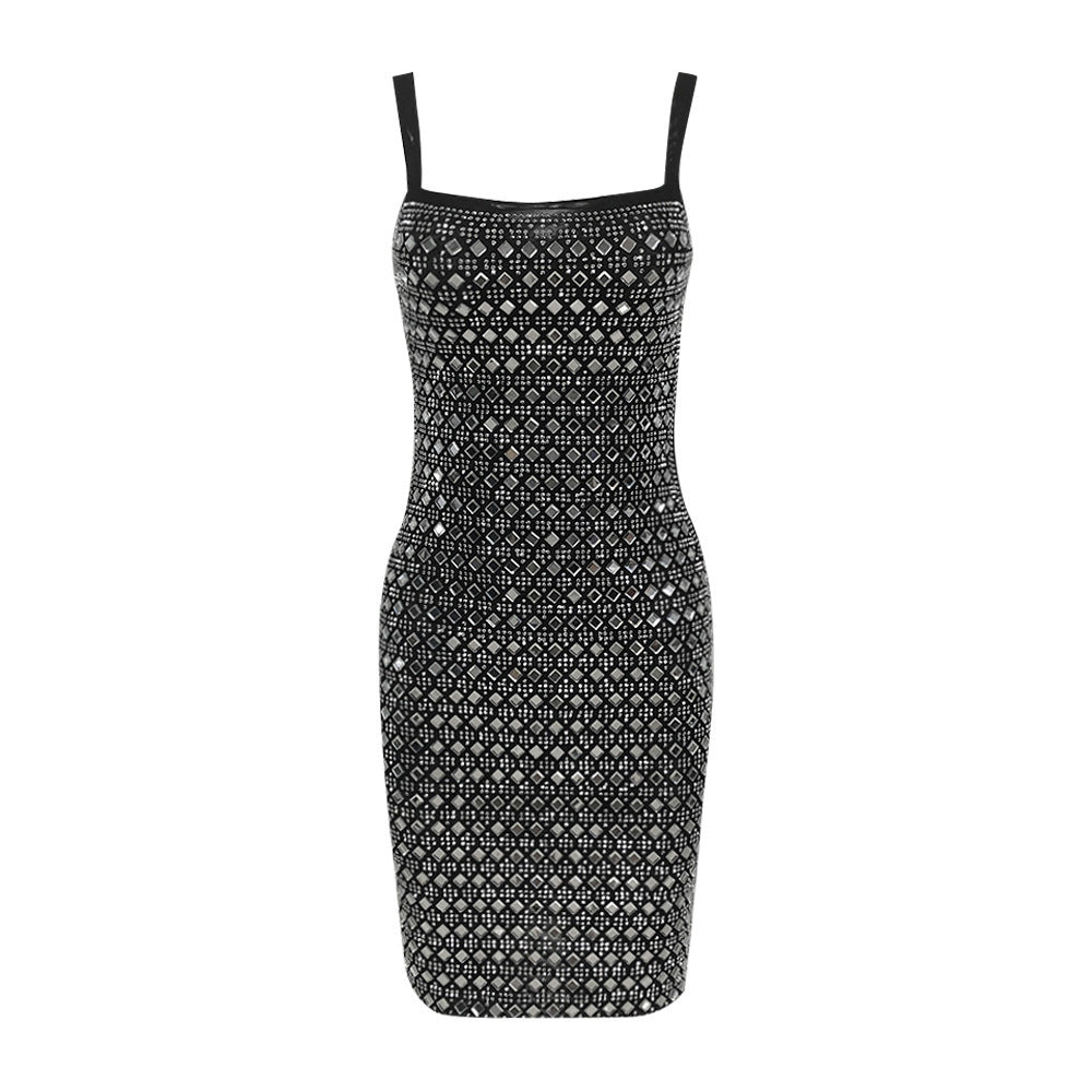 Rhinestone Mesh Sling Short Dress SAM100