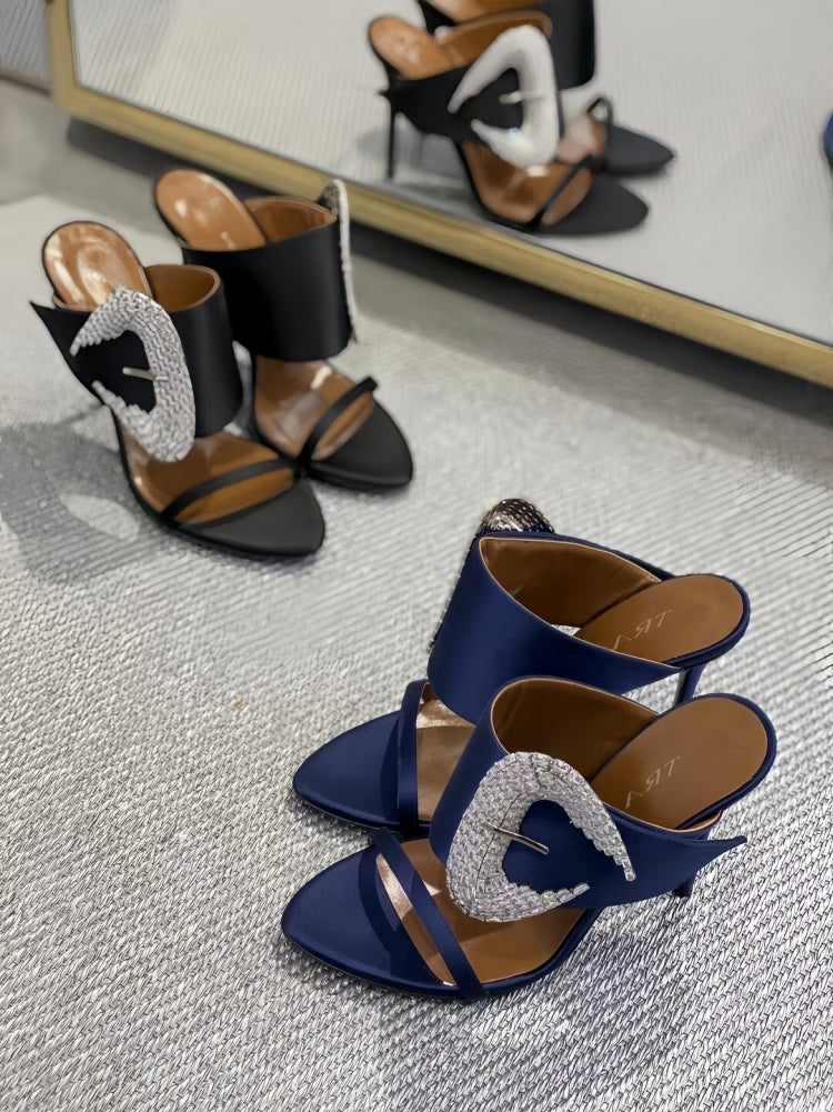 Rhinestone Buckle Pointed Toe Satin High Heel Sandals SAM615