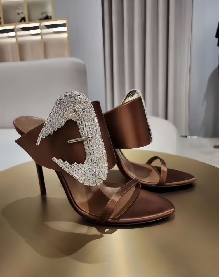 Rhinestone Buckle Pointed Toe Satin High Heel Sandals SAM615
