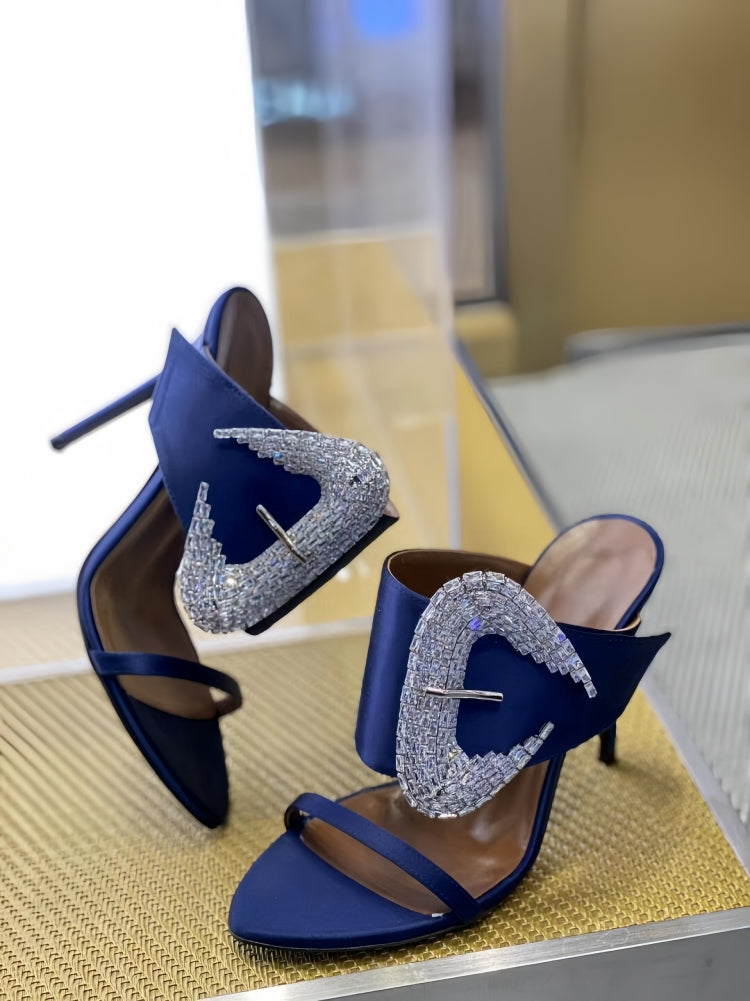 Rhinestone Buckle Pointed Toe Satin High Heel Sandals SAM615