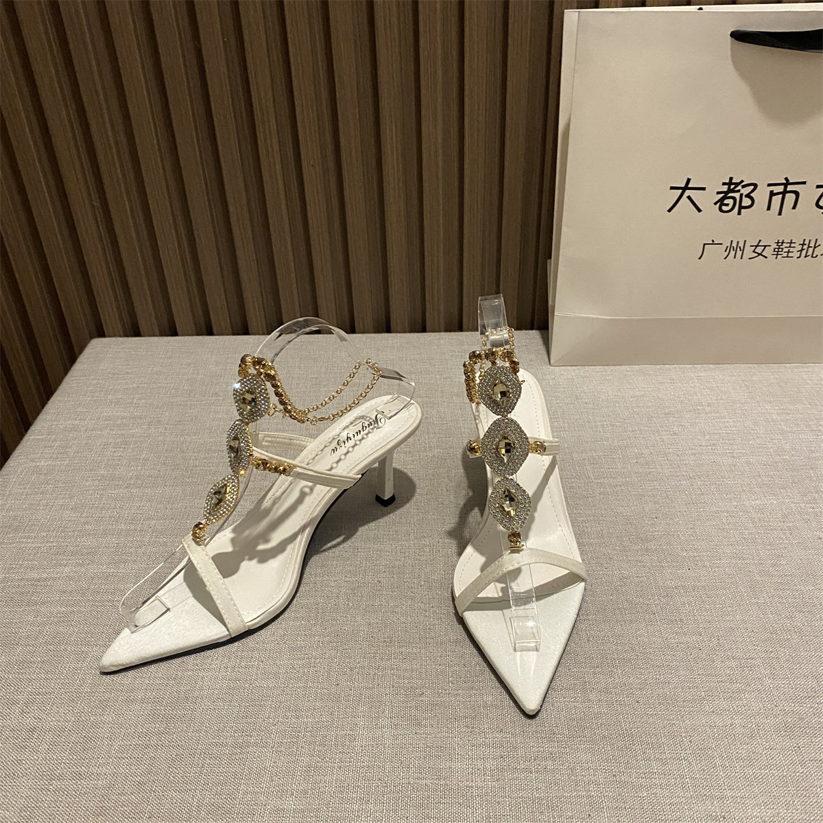 Elegant Black Pointed-Toe Heels with Gold Chain and Rhinestone Detail heel sandals SAM671