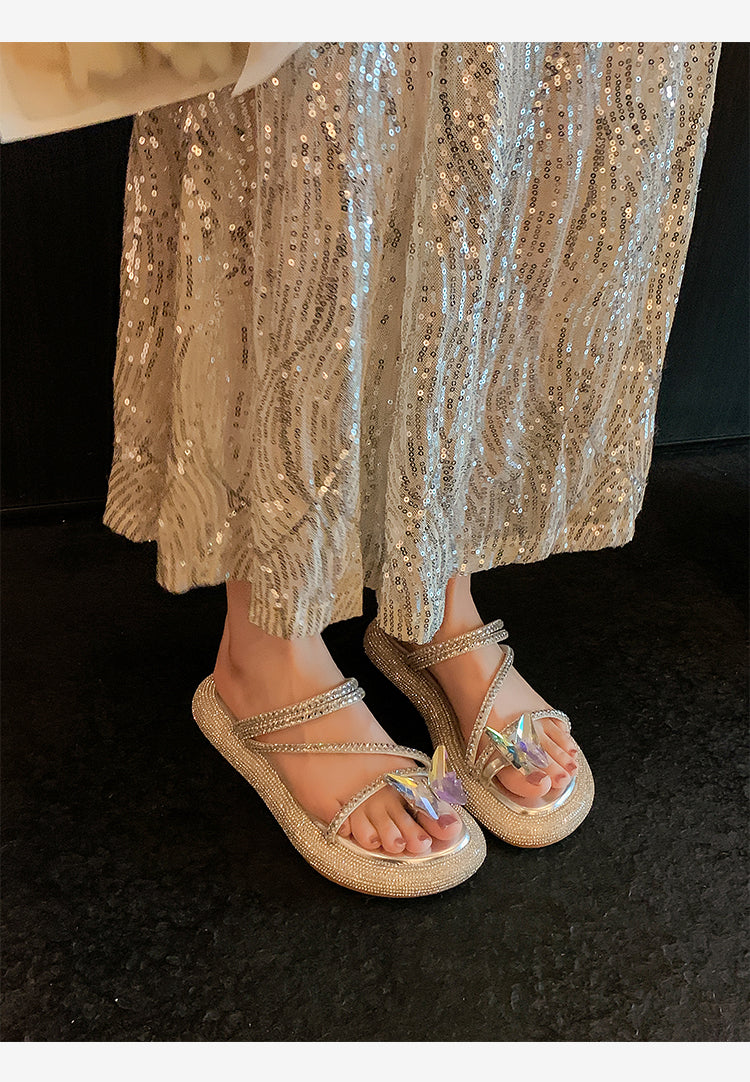 Giant soft flats sheep round diamond cross drill with clip-toe sandals for women's beach one-line sandals rhinestones SAM634