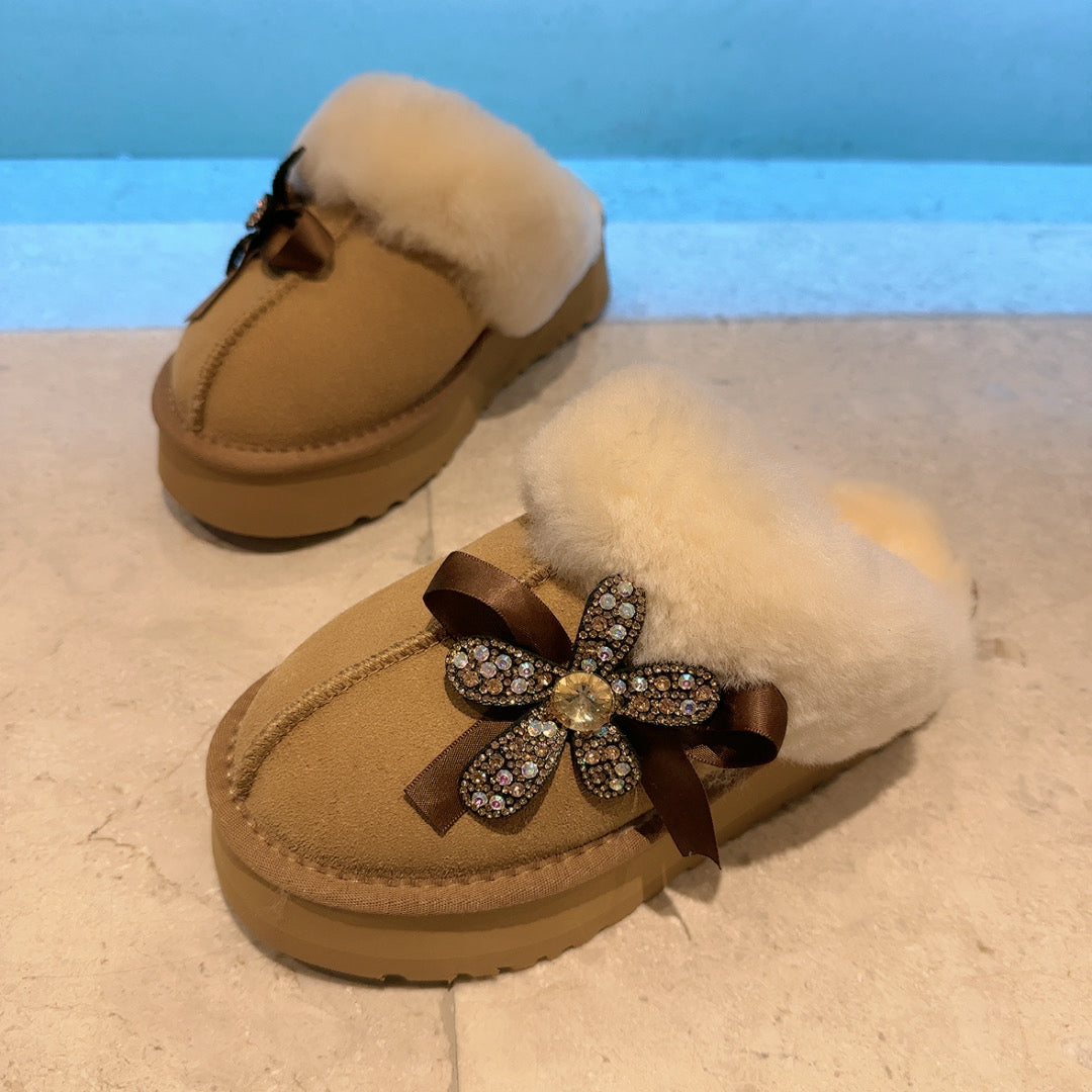 Snow cotton slippers for women new fur slippers rhinestone bow cotton slippers plus velvet warm shoes half slip SAM58