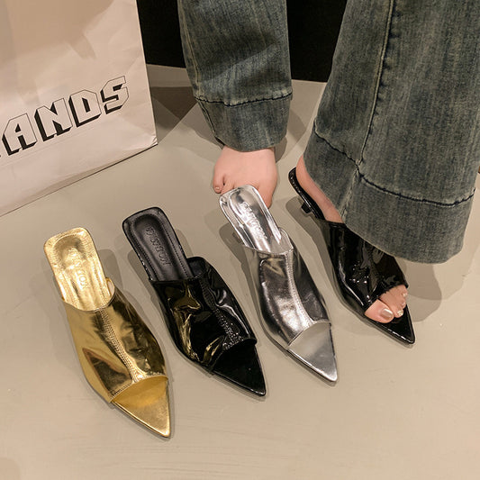 Fish mouth high heel sandals for women 2025 European stiletto sandals silver high heel slippers fashionable pleated Mules SAM90