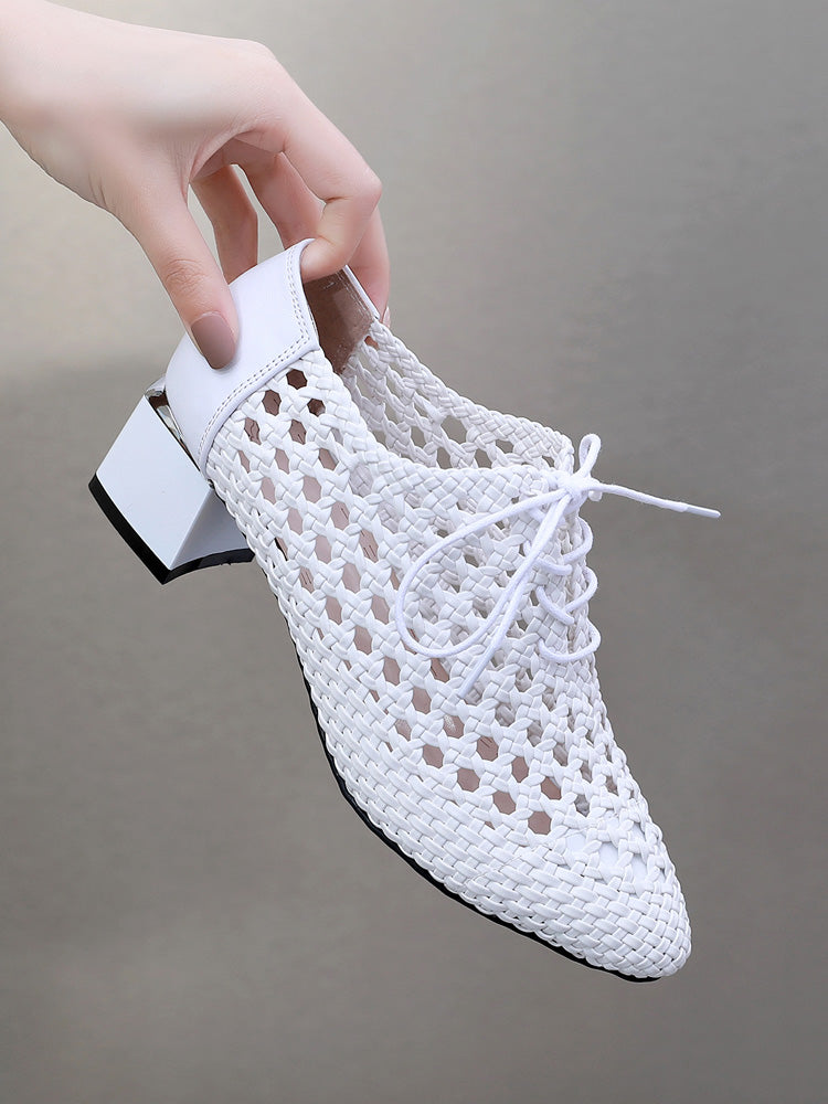 Shimmering Gold Woven Mesh Point-Toe Lace-Up Shoes