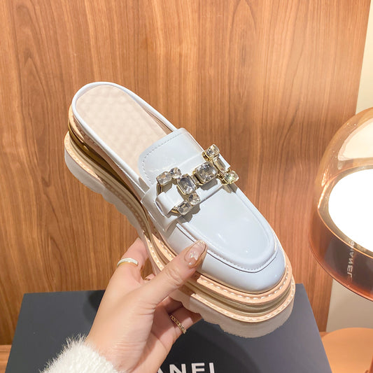 High-heeled heeled leather sandals for women, thick-soled rhinestones, half-slippers, sponge cake, small, no heels, back open oxford shoes SAM661