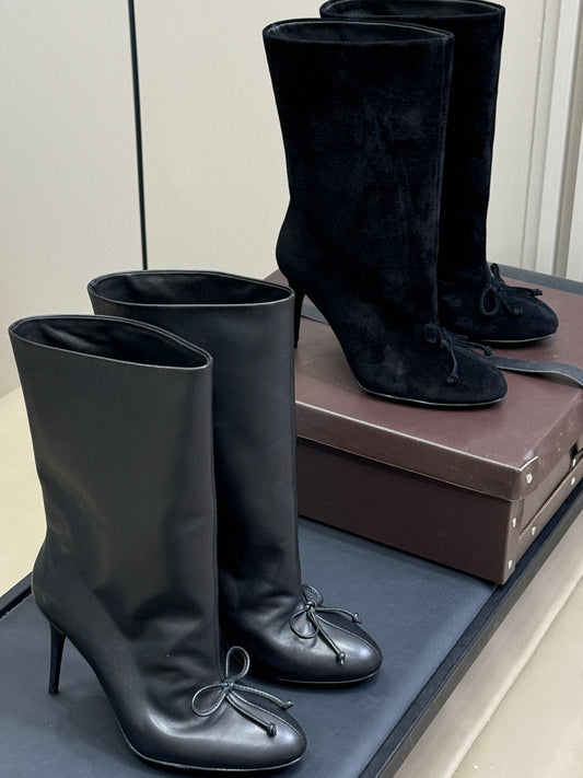2025 Collection: Luxe Leather & Suede Mid-Calf Boots with Signature Bow Detail SAM764