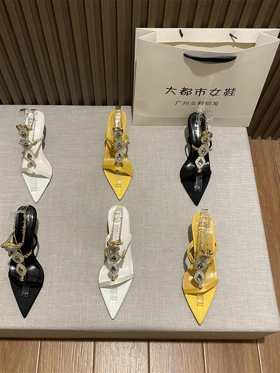 Elegant Black Pointed-Toe Heels with Gold Chain and Rhinestone Detail heel sandals SAM671