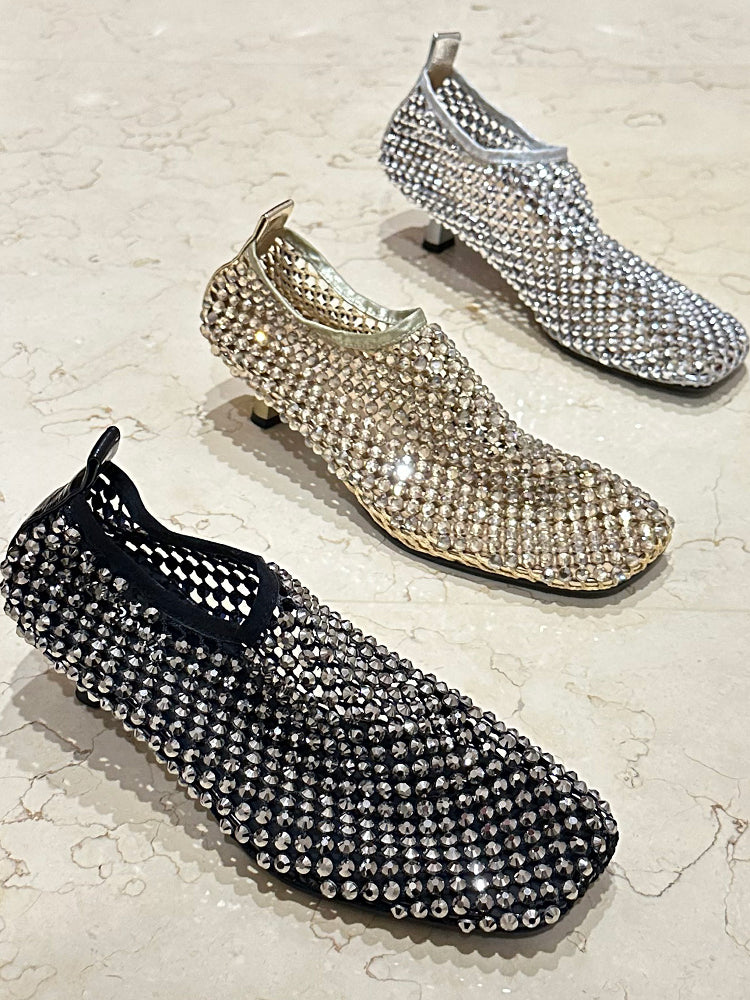 summer new women's shoes square toe thin heel rhinestone breathable mesh hollow boots fashionable kitten heel retro sandals SAM696