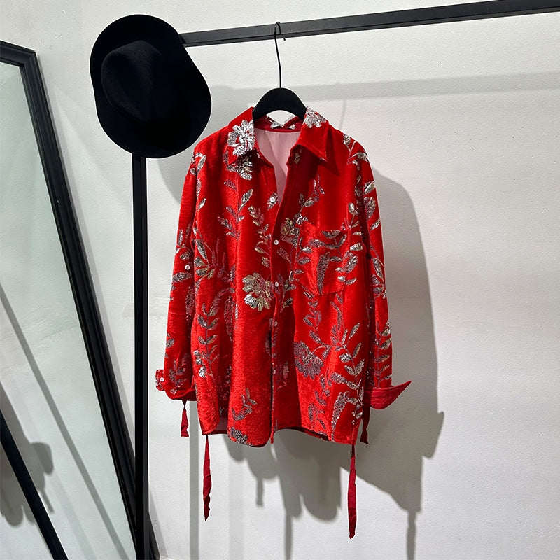 Fashionable design sense of trendy bright color printed loose long-sleeved shirt handsome retro fashionable velvet sequines shirt for men and women SAM657