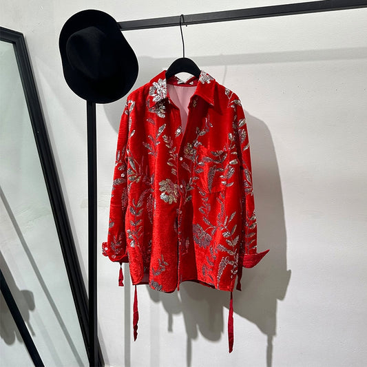 Fashionable design sense of trendy bright color printed loose long-sleeved shirt handsome retro fashionable velvet sequines shirt for men and women SAM657