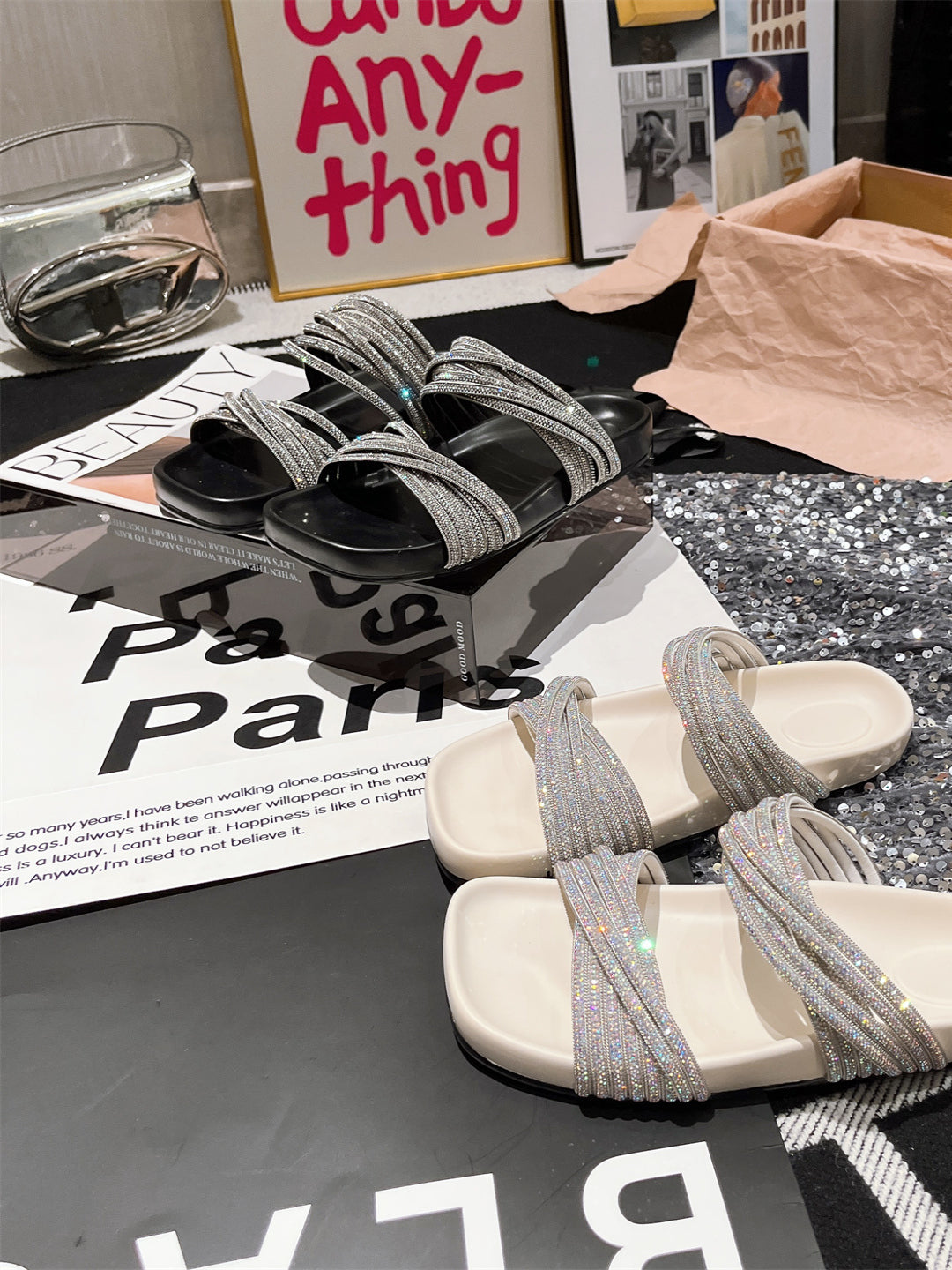 sparkling rhinestone-strap slide sandals