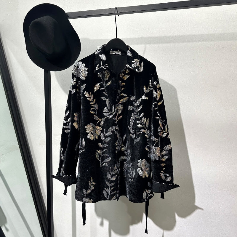 Fashionable design sense of trendy bright color printed loose long-sleeved shirt handsome retro fashionable velvet sequines shirt for men and women SAM657