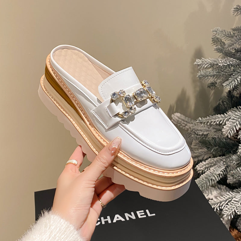 High-heeled heeled leather sandals for women, thick-soled rhinestones, half-slippers, sponge cake, small, no heels, back open oxford shoes SAM661