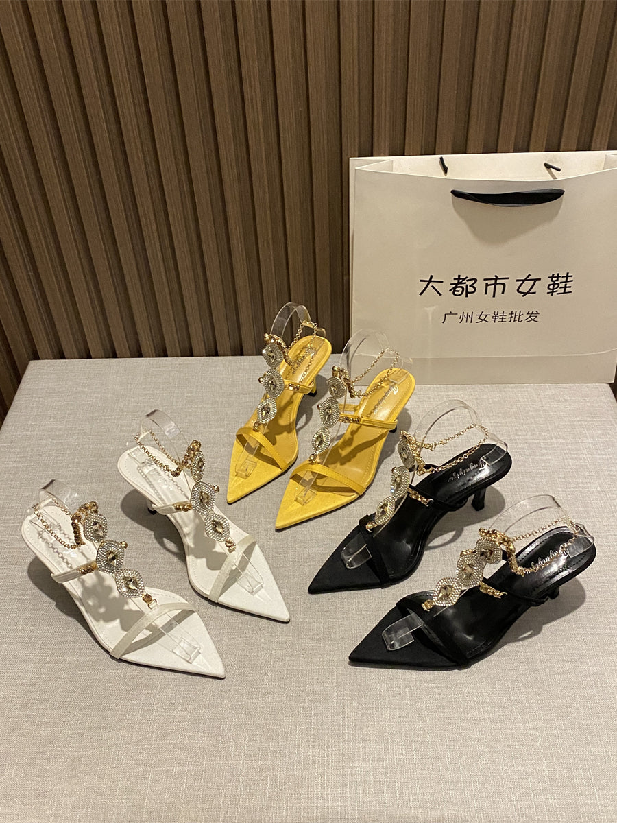 Elegant Black Pointed-Toe Heels with Gold Chain and Rhinestone Detail heel sandals SAM671