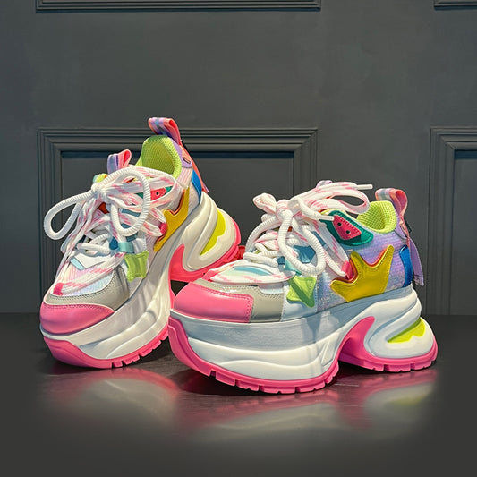 Colorful thick-soled dad shoes for women 2025 new spring color-blocking breathable rhinestone mesh heightened SAM390