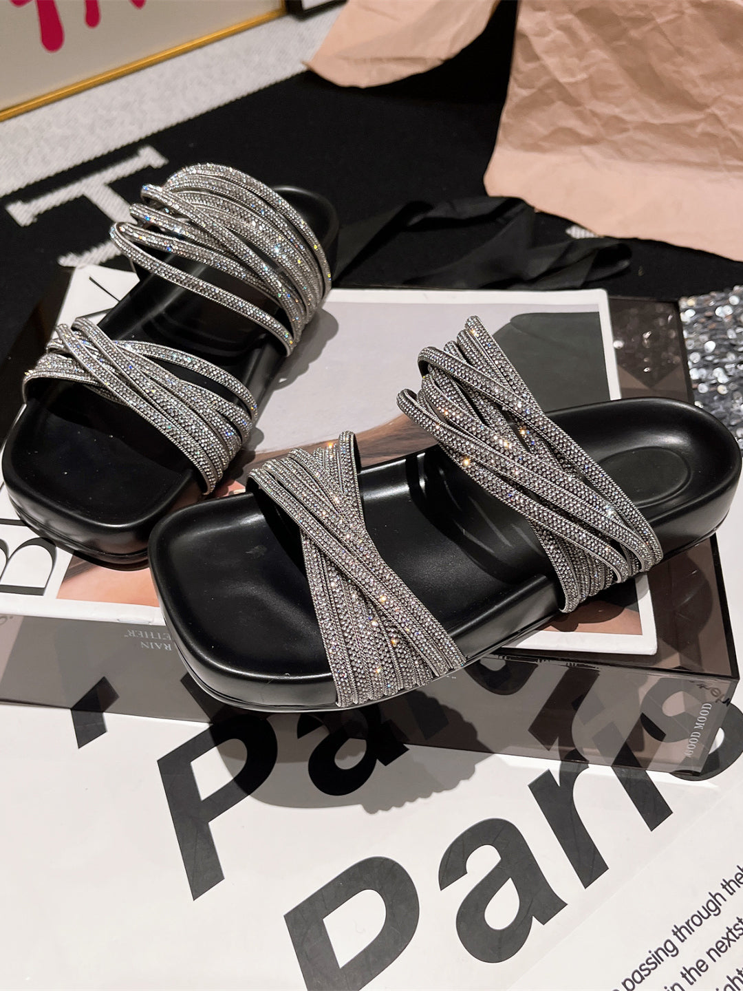 sparkling rhinestone-strap slide sandals