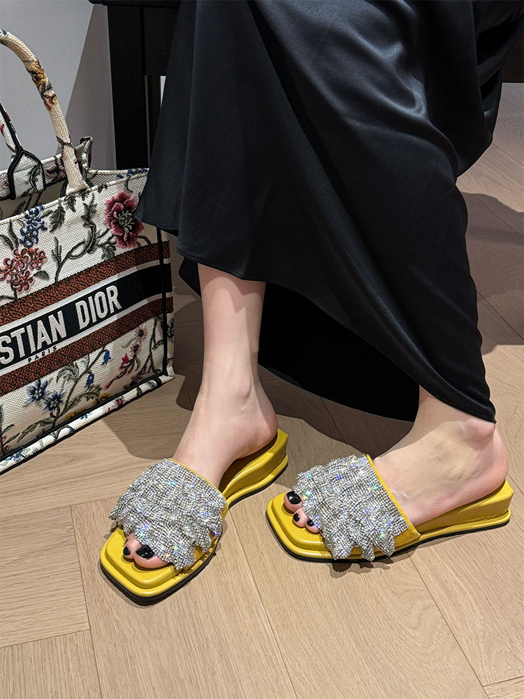 Vibrant Yellow Platform Rhinestone Fringe Square Toe Slide Sandals