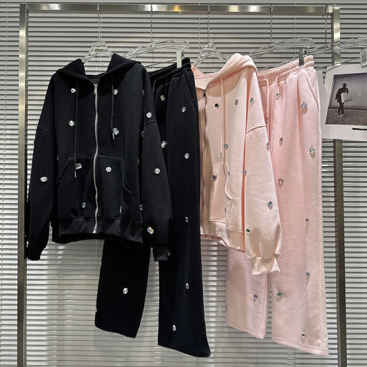 Rhinestone Embellished Hoodie and Sweatpants Set SAM625