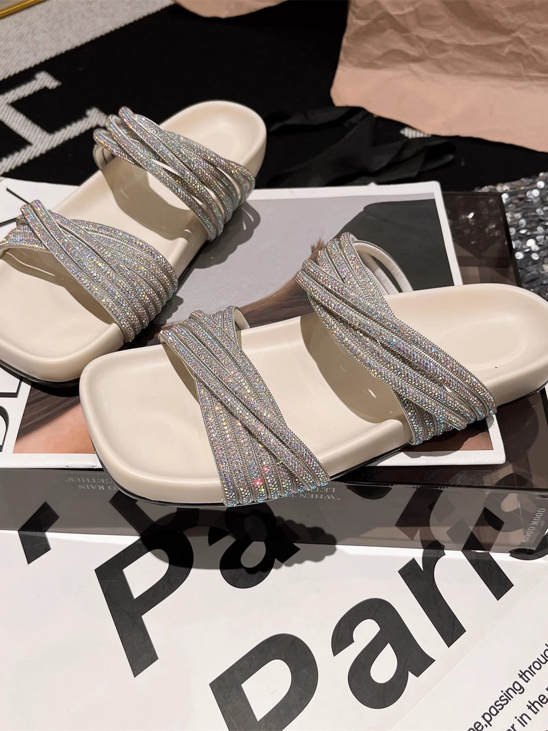 sparkling rhinestone-strap slide sandals